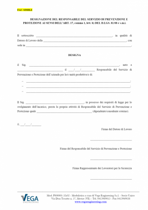 Designazione del Responsabile del Servizio di Prevenzione e Protezione (RSPP)