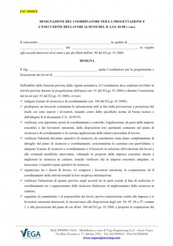 Designazione del Coordinatore per la progettazione e l’esecuzione dei lavori ai sensi del D.Lgs. 81/08