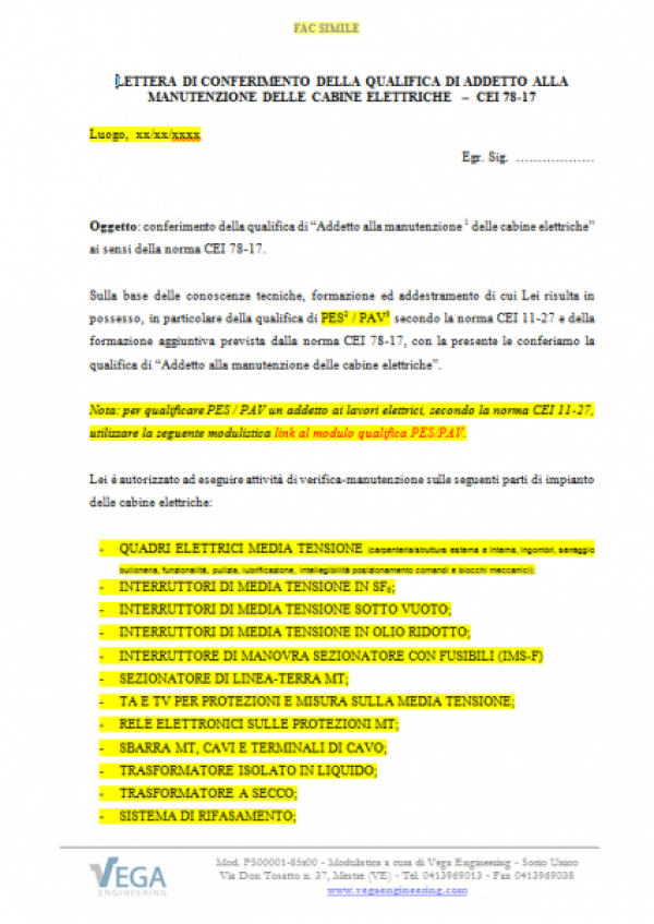 Fac-Simile Modulo per la Qualifica degli Addetti alla Manutenzione delle Cabine Elettriche