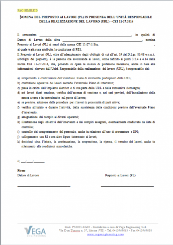 Lettera di Nomina del Preposto al Lavoro (PL) in presenza dell'Unità Responsabile della Realizzazione del Lavoro (URL) - CEI 11-27