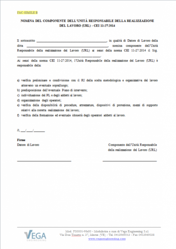 Lettera di Incarico del componente dell'Unità Responsabile della Realizzazione del Lavoro (URL) - CEI 11-27
