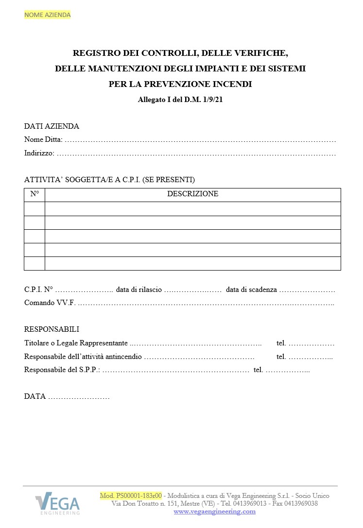 Fac simile Registro Controlli impianti e presidi antincendio - D.M. 1/9/21  - Vega Engineering