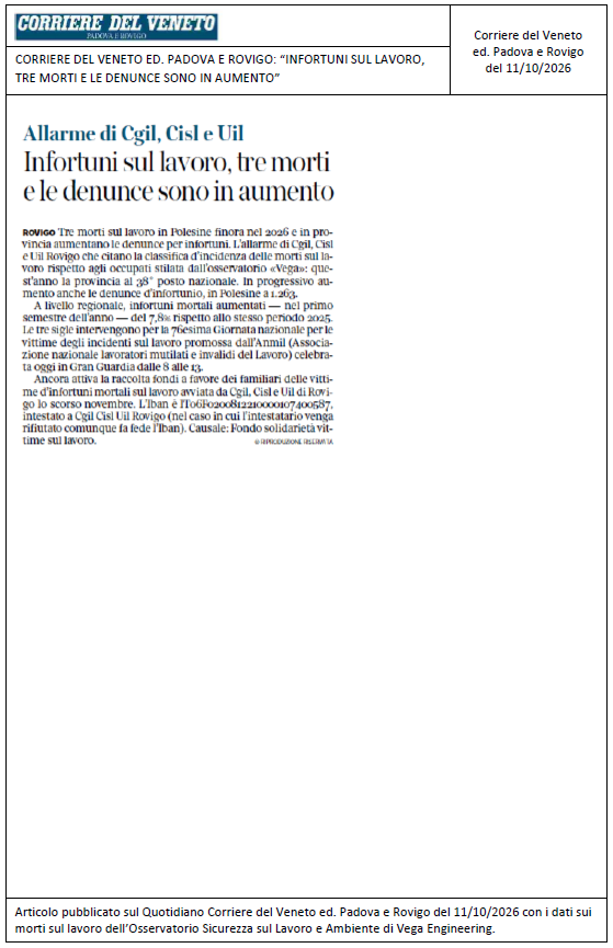 CORRIERE DEL VENETO ED. PADOVA E ROVIGO: “Infortuni sul lavoro, tre morti e le denunce sono in aumento”