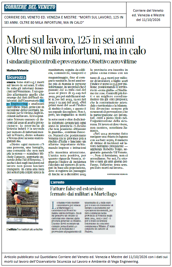 CORRIERE DEL VENETO ED. VENEZIA E MESTRE: “Morti sul lavoro, 125 in sei anni. Oltre 80 mila infortuni, ma in calo”