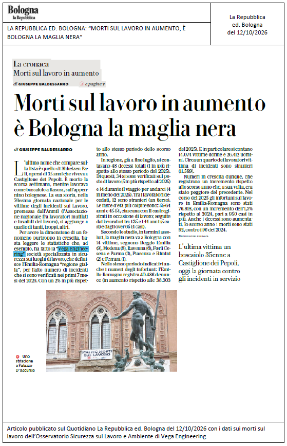 LA REPUBBLICA ED. BOLOGNA: “Morti sul lavoro in aumento, è Bologna la maglia nera”