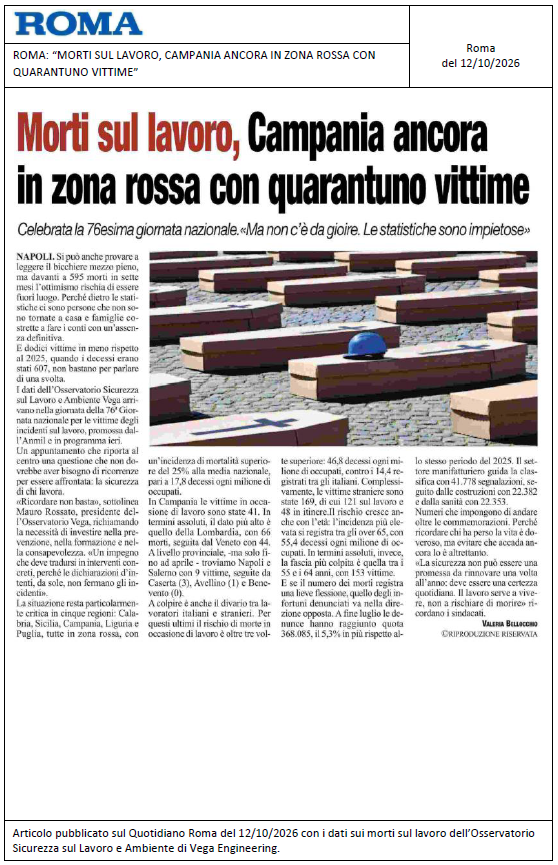 ROMA: “Morti sul lavoro, Campania ancora in zona rossa con quarantuno vittime”