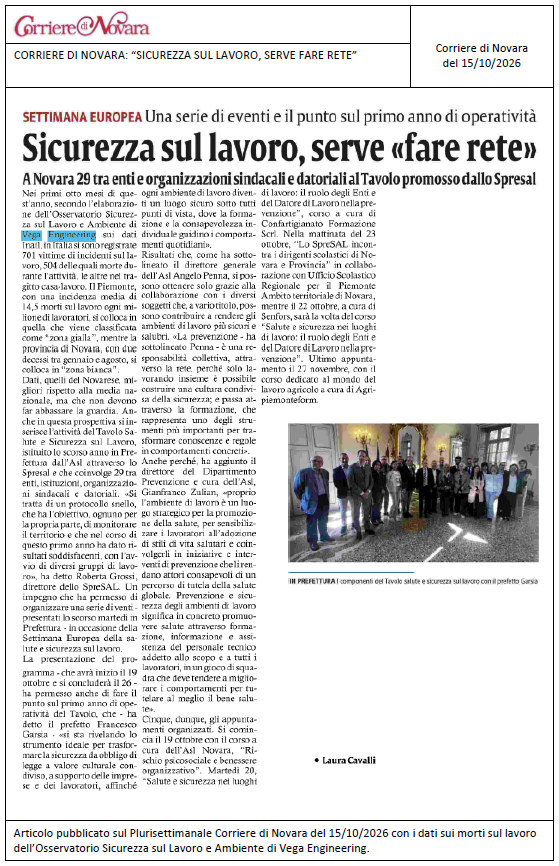 CORRIERE DI NOVARA: “Sicurezza sul lavoro, serve fare rete”