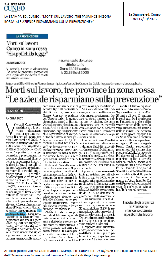 LA STAMPA ED. CUNEO: “Morti sul lavoro, tre province in zona rossa. «Le aziende risparmiano sulla prevenzione»”