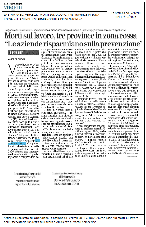 LA STAMPA ED. VERCELLI: “Morti sul lavoro, tre province in zona rossa. «Le aziende risparmiano sulla prevenzione»”