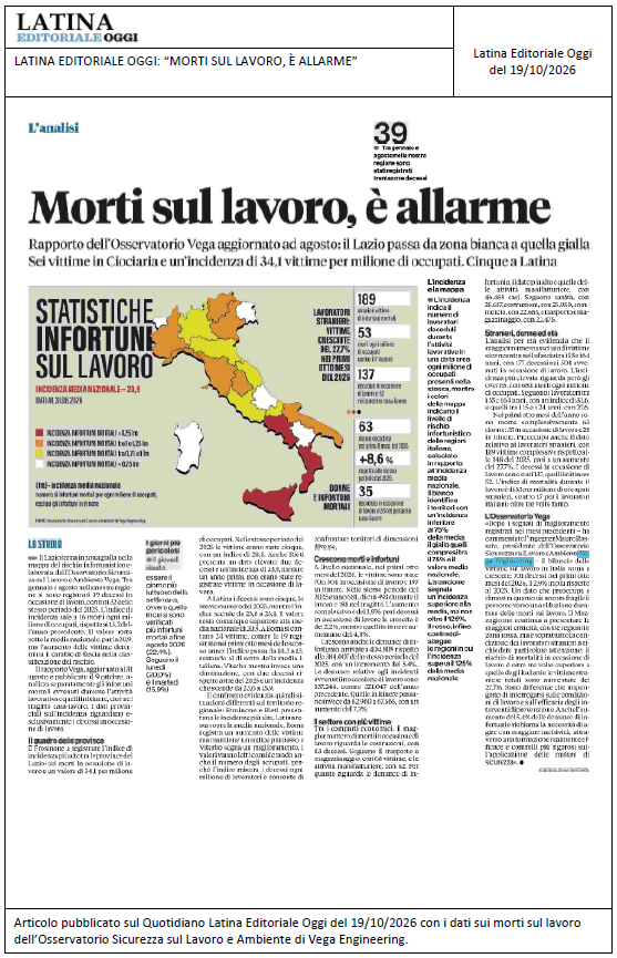 LATINA EDITORIALE OGGI: “Morti sul lavoro, è allarme”