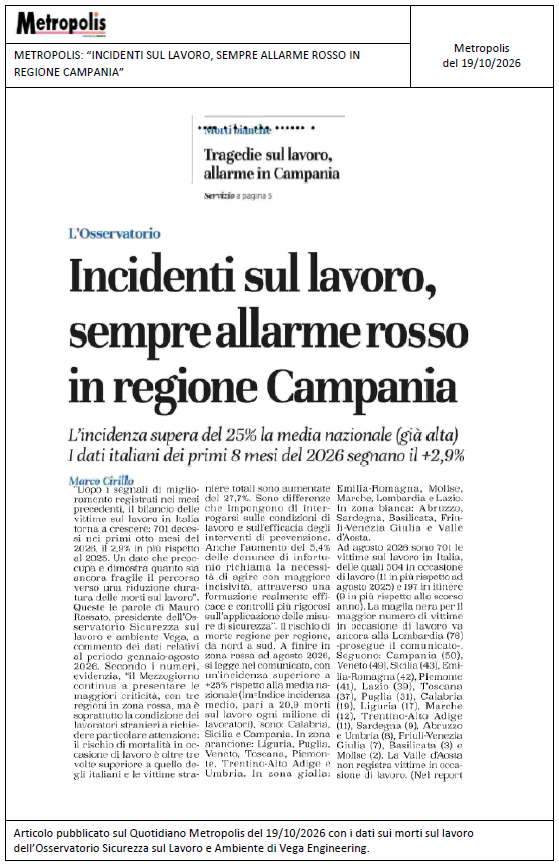 METROPOLIS: “Incidenti sul lavoro, sempre allarme rosso in regione Campania”