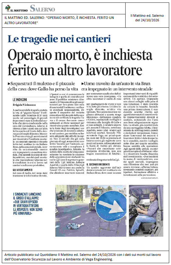 IL MATTINO ED. SALERNO: “Operaio morto, è inchiesta. Ferito un altro lavoratore”