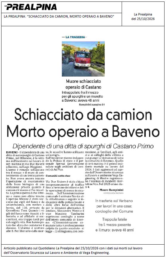 LA PREALPINA: “Schiacciato da camion, morto operaio a Baveno”